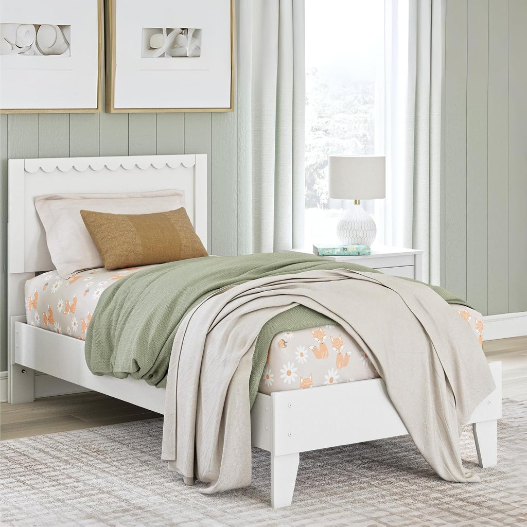 Signature Design by Ashley Hallityn Twin Scalloped Bed Frame, White | Scalloped headboard for cottage charm, Durable engineered wood, 350-lb capacity platform design