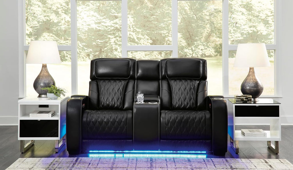 Signature Design by Ashley Boyington Power Reclining Loveseat with Console | A combination of leather and faux leather, Zero-gravity power recline, Air massage system and heat, USB storage console