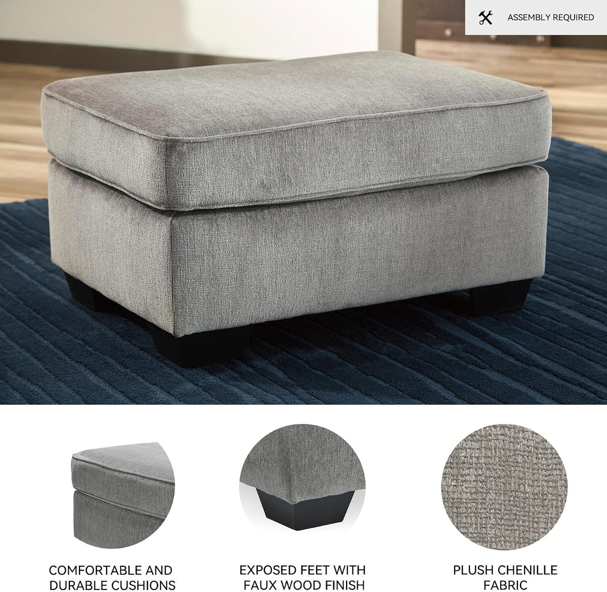 Signature Design by Ashley Altari Rectangular Accent Ottoman, Light Gray | Plush 100% polyester chenille fabric, Sturdy reinforced frame, Versatile seating and footrest, Fits 32 in doorways