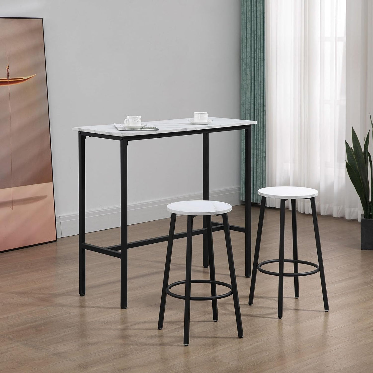 HOMCOM 3 Piece Bar Table Set Modern Dining Table Set for 2 w/Stools White