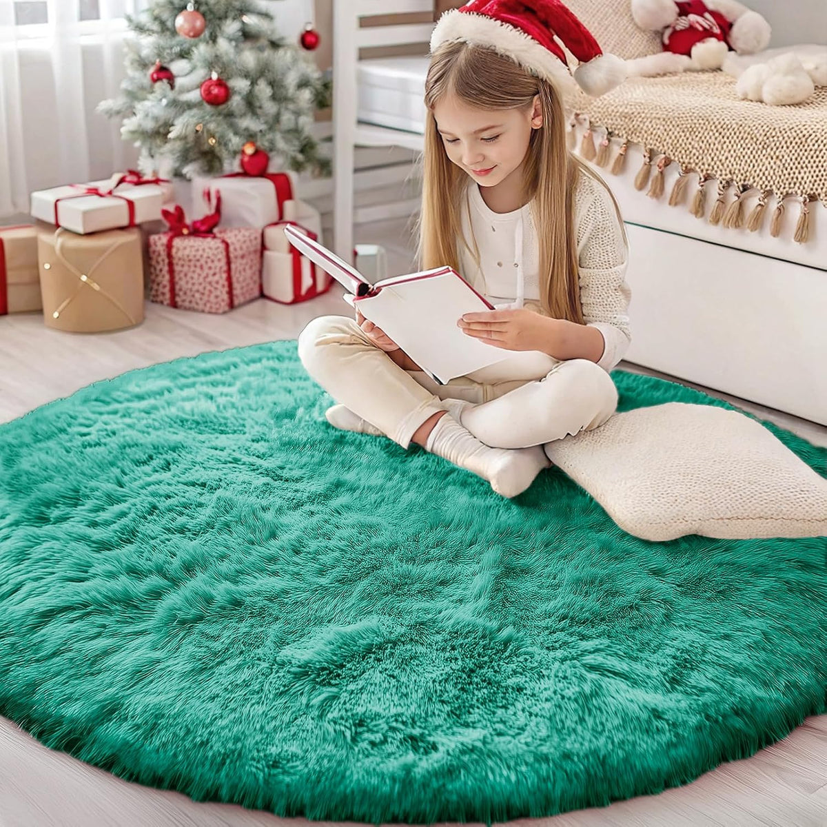 OLANLY Beige Round Rugs for Bedroom - Machine Washable, 4 ft Circle Area Rugs for Living Room, Soft and Fluffy Shaggy Carpet for Teen Girls and Boys, Nursery Rooms, Dorms, Home Decor Aesthetic