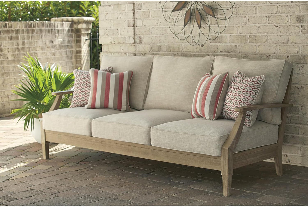 Signature Design by Ashley Clare View 1-Piece Eucalyptus Outdoor Sofa | Weather-shielded 5-step eucalyptus finish, Stain-resistant Nuvella fabric, Deep-seated 3-person frame with 4 accent pillows