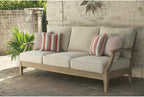 Signature Design by Ashley Clare View 1-Piece Eucalyptus Outdoor Sofa | Weather-shielded 5-step eucalyptus finish, Stain-resistant Nuvella fabric, Deep-seated 3-person frame with 4 accent pillows