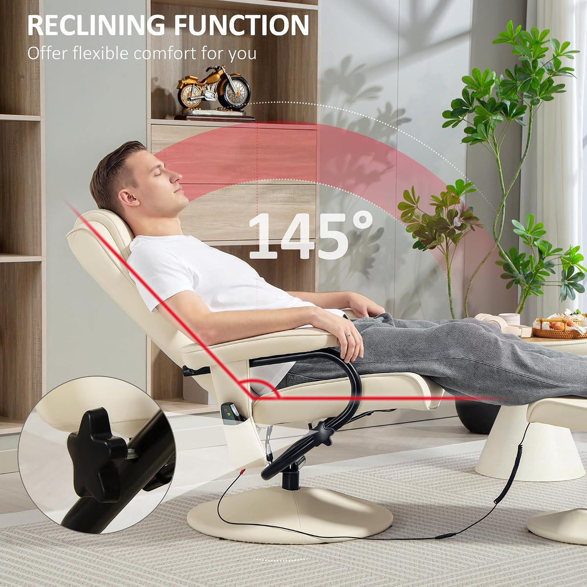 HOMCOM Swivel Recliner Chair and Footstool, Massage Recliner, Cream White