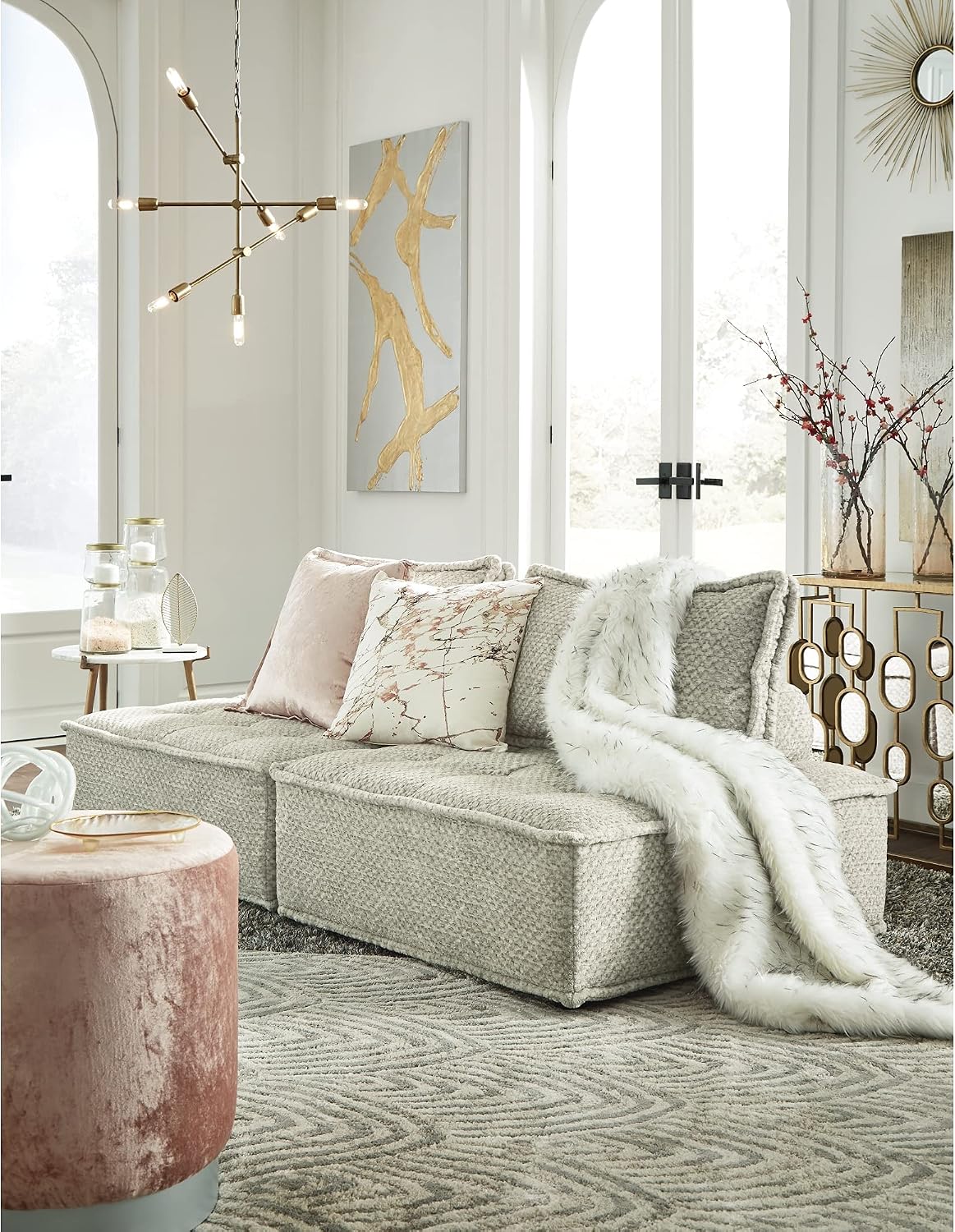 Signature Design by Ashley Oversized Armless Accent Chair, Taupe | Checkered polyester upholstery, Wood and engineered wood frame, Included bolster and toss pillows, Bales Series
