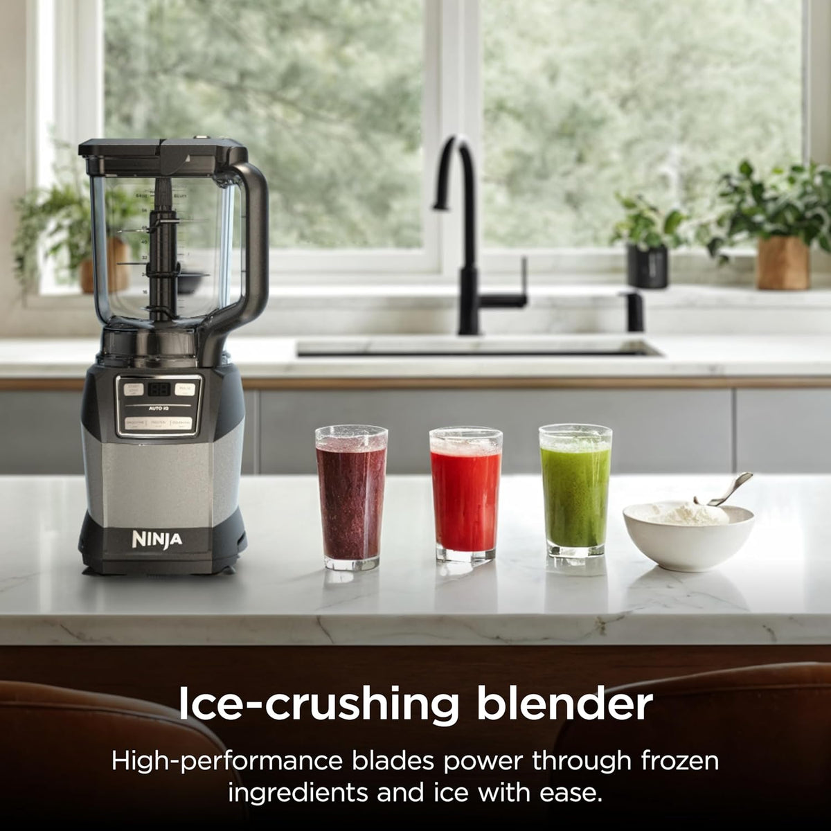 Ninja Compact Kitchen System, Auto-iQ, 1200W, 72oz Pitcher, Grey, AMZ493BRN | 3 functions for smoothies, dough & frozen drinks with Auto-iQ. 72-oz pitcher, 40-oz processor bowl, 18-oz cup.