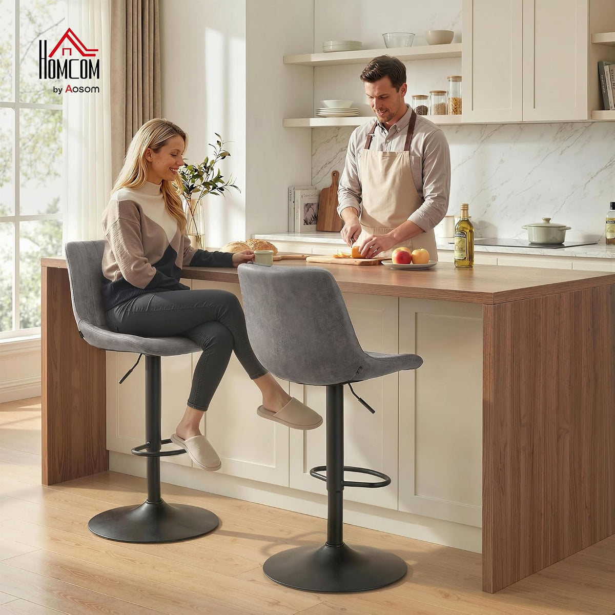 HOMCOM Bar Stools Set of 2, Height Adjustable, Leathaire, Grey