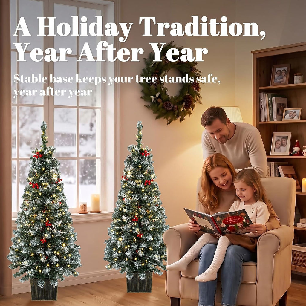 HOMCOM 4ft Pre-Lit Slim Artificial Christmas Tree Set of 2, 100 LED Lights