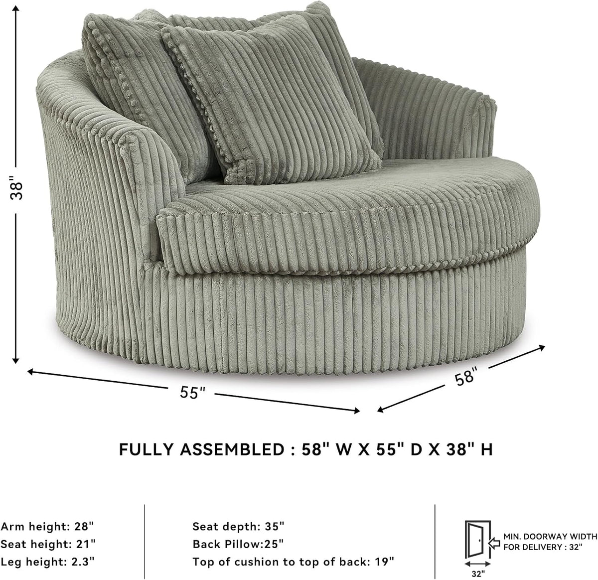 Signature Design by Ashley Lindyn Oversized Round Swivel Accent Chair, Fog | Plush textured cord upholstery, Sag-resistant platform foundation, Reversible seat cushion, No assembly required