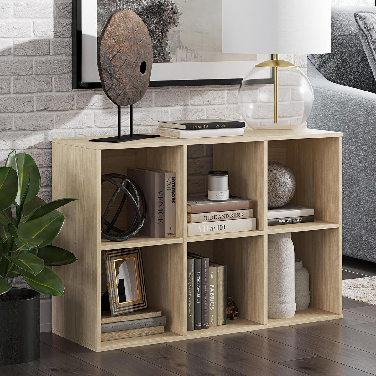 Signature Design by Ashley Piperton 6 Cube Storage Organizer, Cubby Shelf | Durable engineered wood with natural ash grain, Fits standard 10.5-inch bins, Versatile hybrid closed and open back design