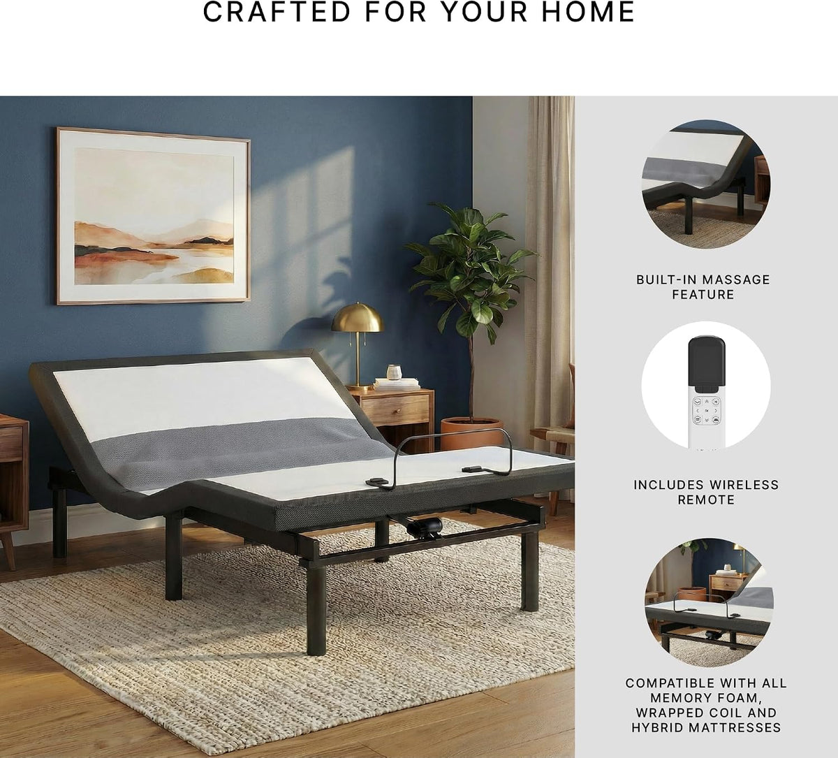 Signature Design by Ashley Adjustable Bed Frame Queen, Remote & Lumbar | Queen adjustable base with remote, Built-in massage, Fast 15-minute assembly, Lumbar and audio base