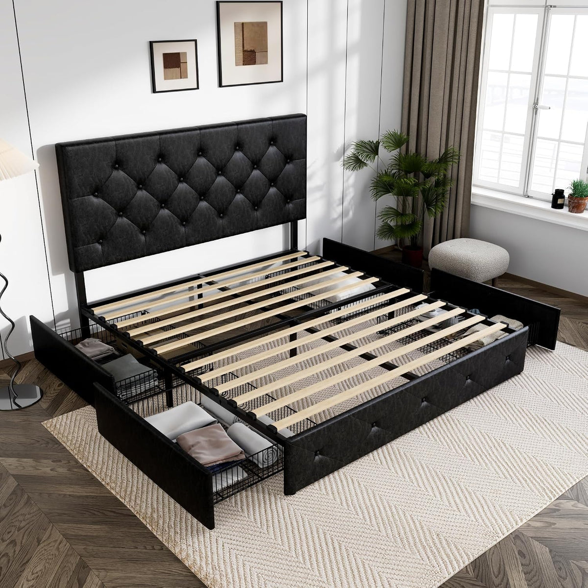 Allewie Queen Size Storage Bed Frame with 4 Underbed Drawers, Upholstered Platform Bed with Adjustable Headboard, Diamond Button Tufted, Easy Assembly, Noise-Free, No Box Spring Needed, Black