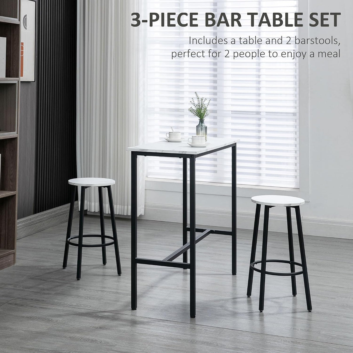 HOMCOM 3 Piece Bar Table Set Modern Dining Table Set for 2 w/Stools White