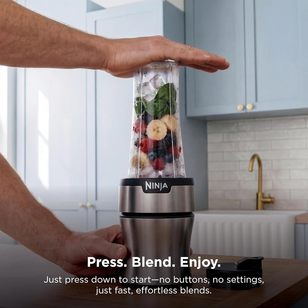 Ninja Nutri-Plus Personal Blender, 900PW, (3) 20oz Cups, Silver, BN301 | 900-peak-watt push-to-blend motor for smoothies & sauces. (3) 20-oz cups, 2 spout lids & storage lid. Dishwasher safe.
