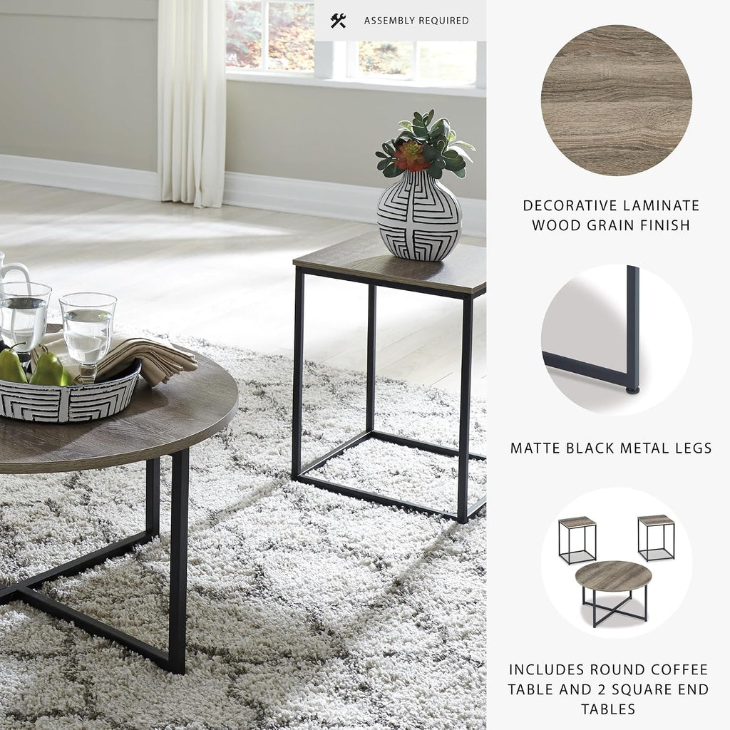 Signature Design by Ashley 3-Piece Living Room Coffee and End Table Set | Round coffee and square end tables, Laminate engineered wood, Dark metallic frames, Contemporary style, Wadeworth Series