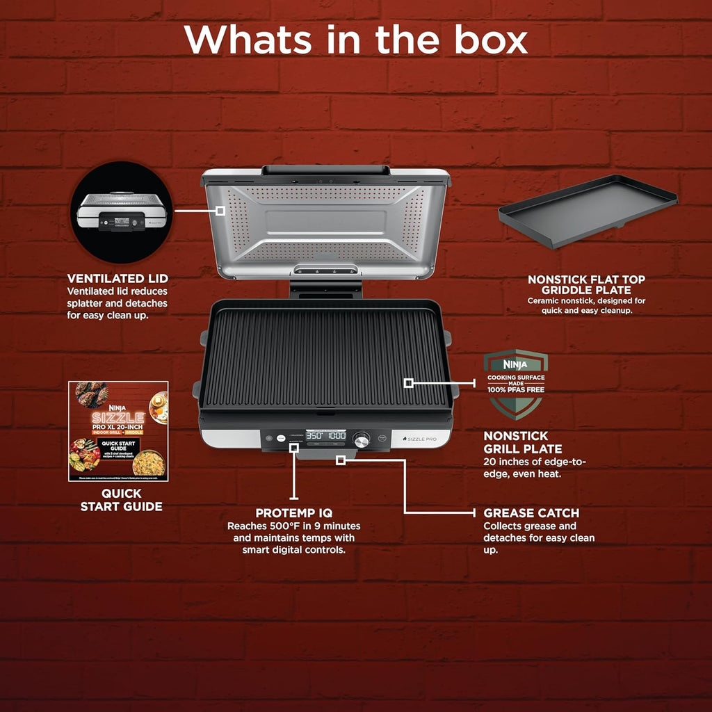 Ninja® Sizzle™ Pro XL 20'' Indoor Griddle & Grill, Silver, GX101 | 40% larger cooking surface, ProTemp IQ edge-to-edge heat, ceramic nonstick plates, detachable ventilated lid, grease control.
