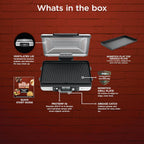 Ninja® Sizzle™ Pro XL 20'' Indoor Griddle & Grill, Silver, GX101 | 40% larger cooking surface, ProTemp IQ edge-to-edge heat, ceramic nonstick plates, detachable ventilated lid, grease control.