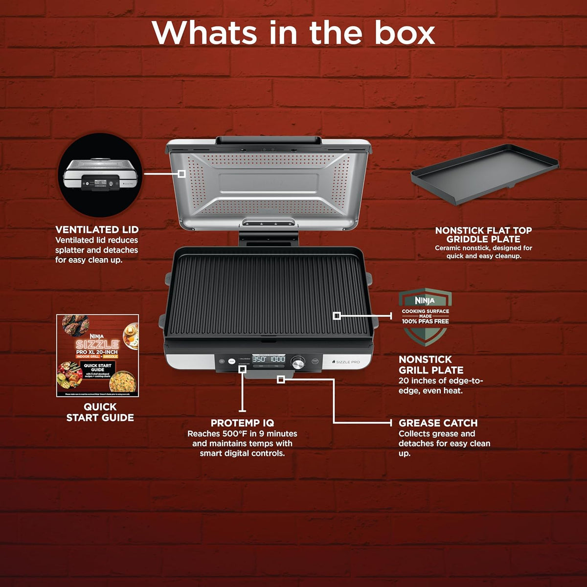 Ninja® Sizzle™ Pro XL 20'' Indoor Griddle & Grill, Silver, GX101 | 40% larger cooking surface, ProTemp IQ edge-to-edge heat, ceramic nonstick plates, detachable ventilated lid, grease control.