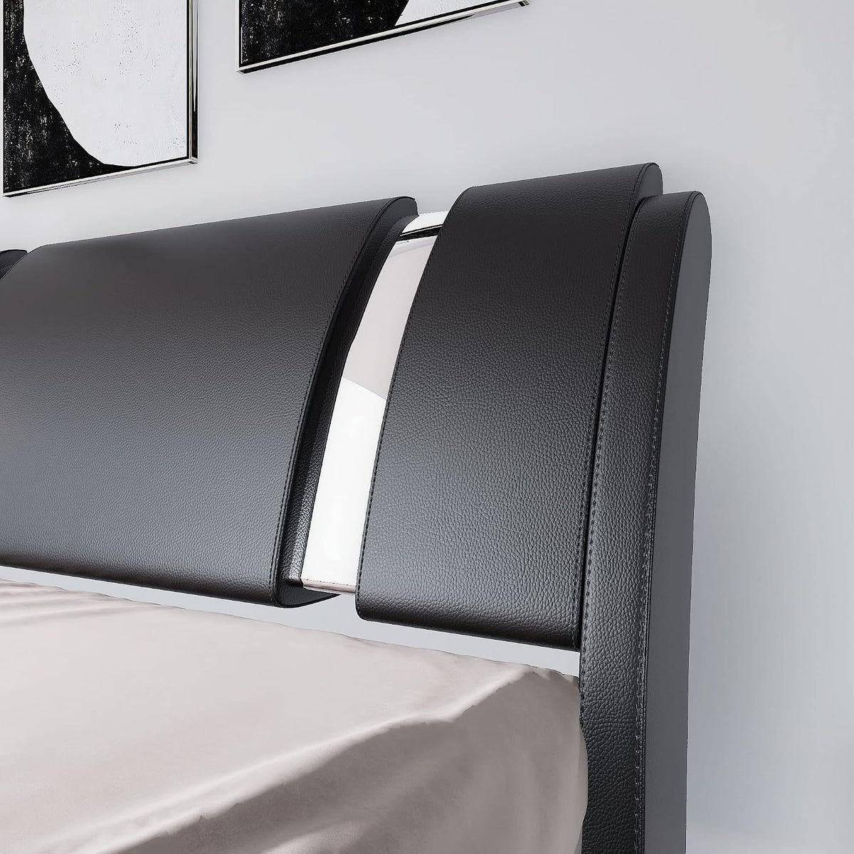 Allewie Queen Bed Frame with Iron Piece Decor, Faux Leather, Black