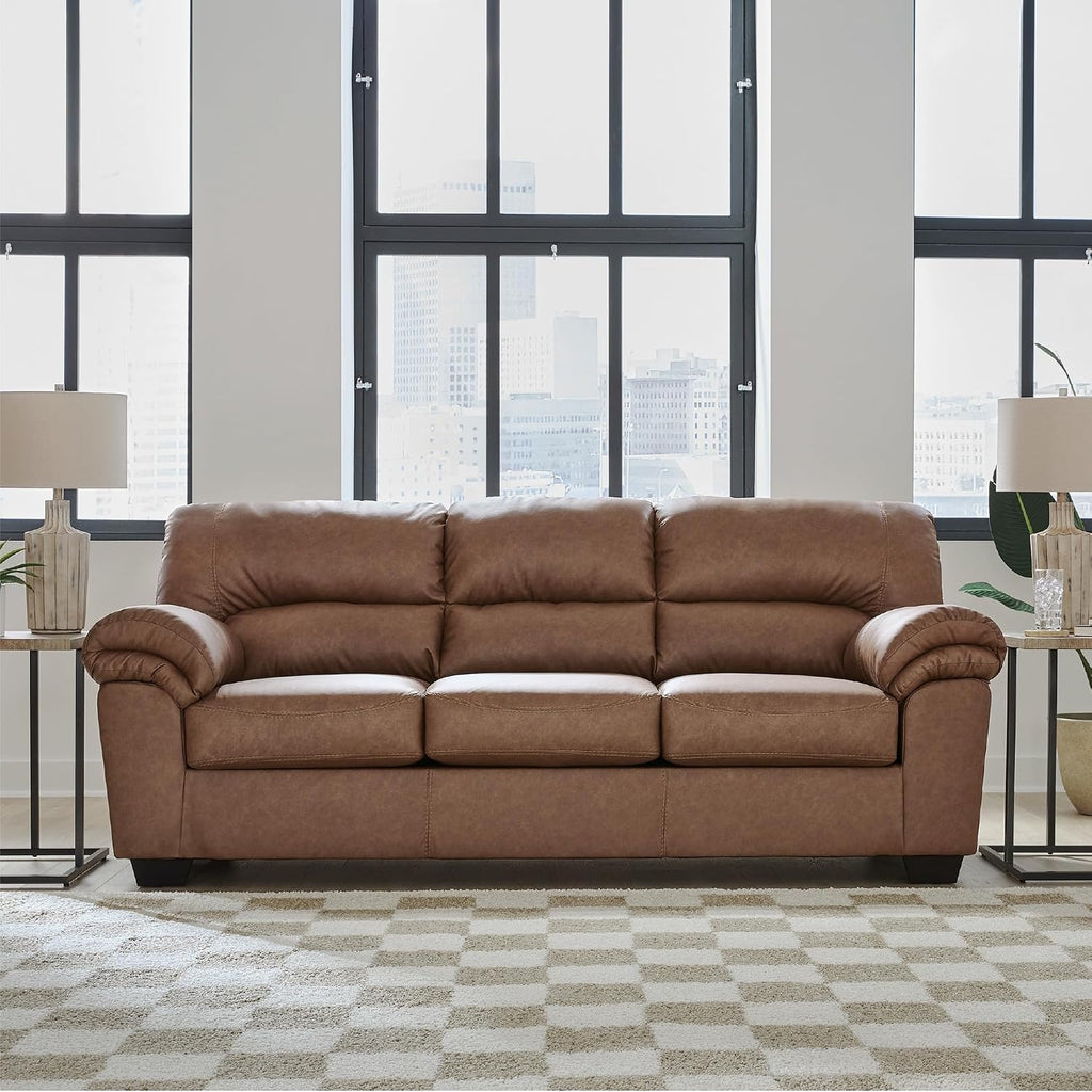 Signature Design by Ashley Caramel Faux Leather Sofa, No Assembly Required | Anti-sag platform deck, Caramel 98% polyester and 2% PU blend, Contemporary 3-seater design, Walker Point Series