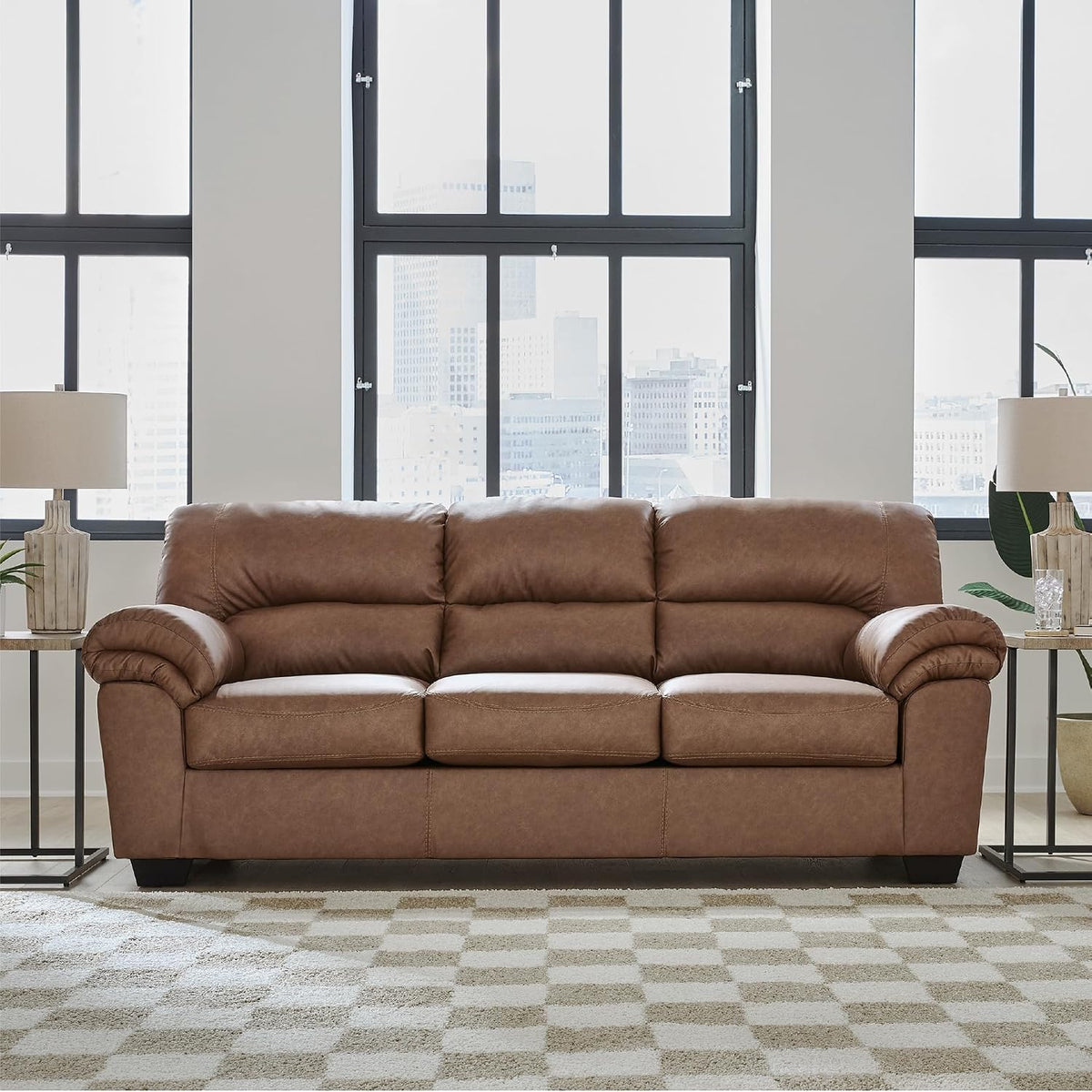 Signature Design by Ashley Caramel Faux Leather Sofa, No Assembly Required | Anti-sag platform deck, Caramel 98% polyester and 2% PU blend, Contemporary 3-seater design, Walker Point Series