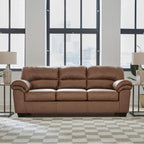 Signature Design by Ashley Caramel Faux Leather Sofa, No Assembly Required | Anti-sag platform deck, Caramel 98% polyester and 2% PU blend, Contemporary 3-seater design, Walker Point Series