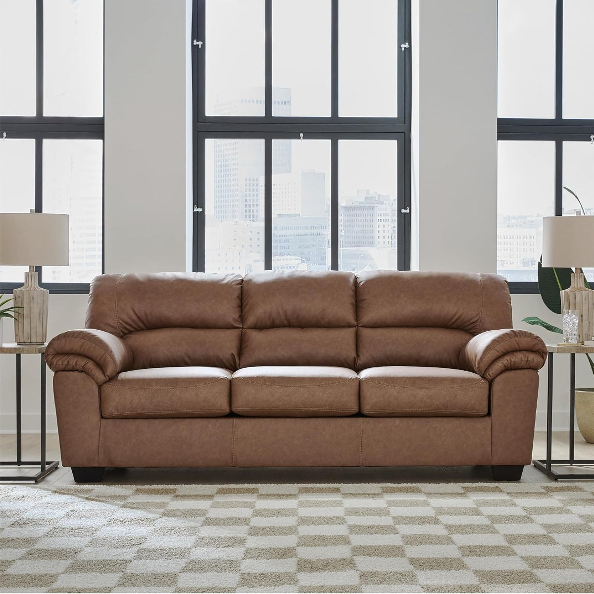 Signature Design by Ashley Caramel Faux Leather Sofa, No Assembly Required | Anti-sag platform deck, Caramel 98% polyester and 2% PU blend, Contemporary 3-seater design, Walker Point Series