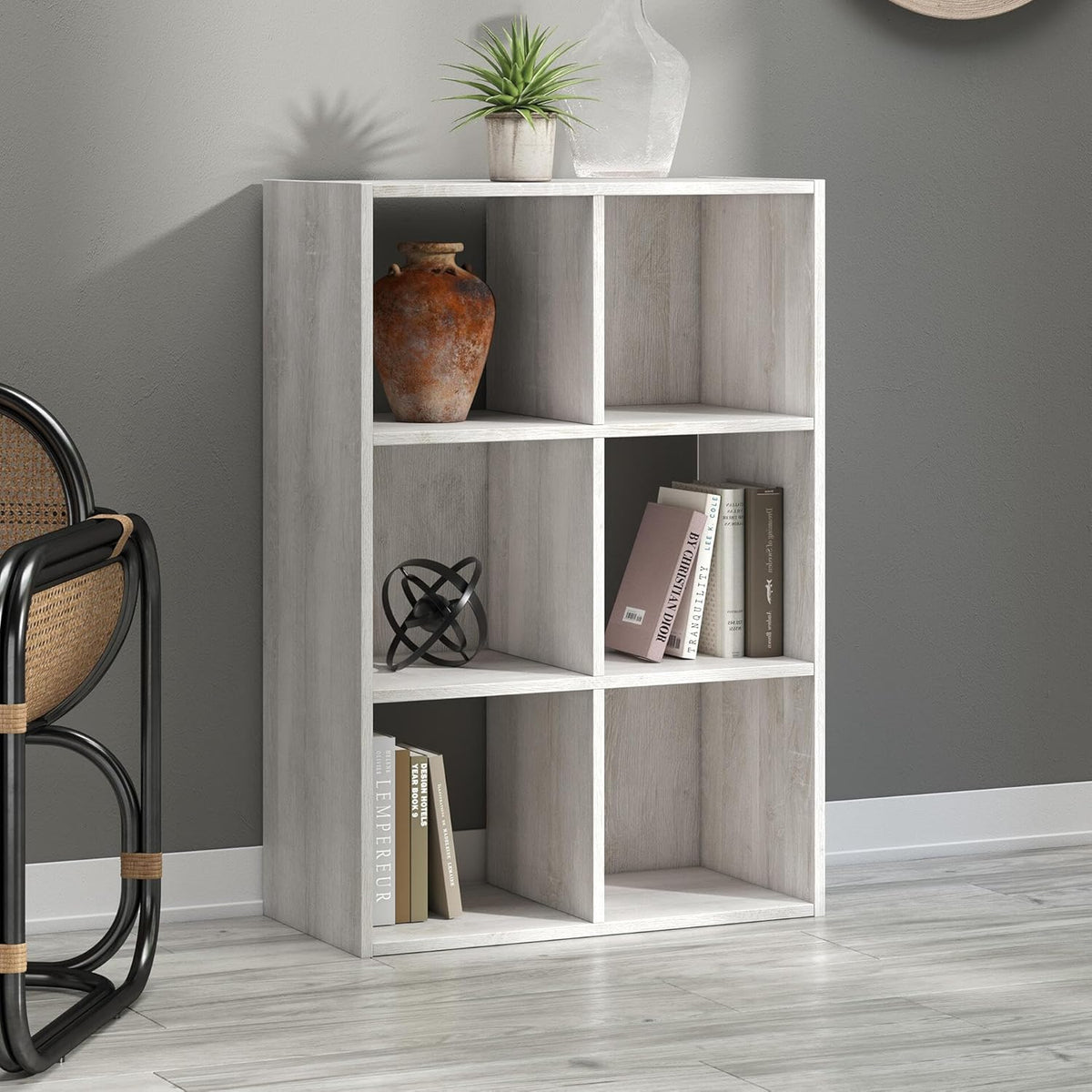 Signature Design by Ashley 6 Cube Storage Organizer Bookshelf, Whitewash | Engineered wood bookcase, Textured whitewash finish, Dual-orientation design, 20-minute assembly, Bedroom use, Paxberry