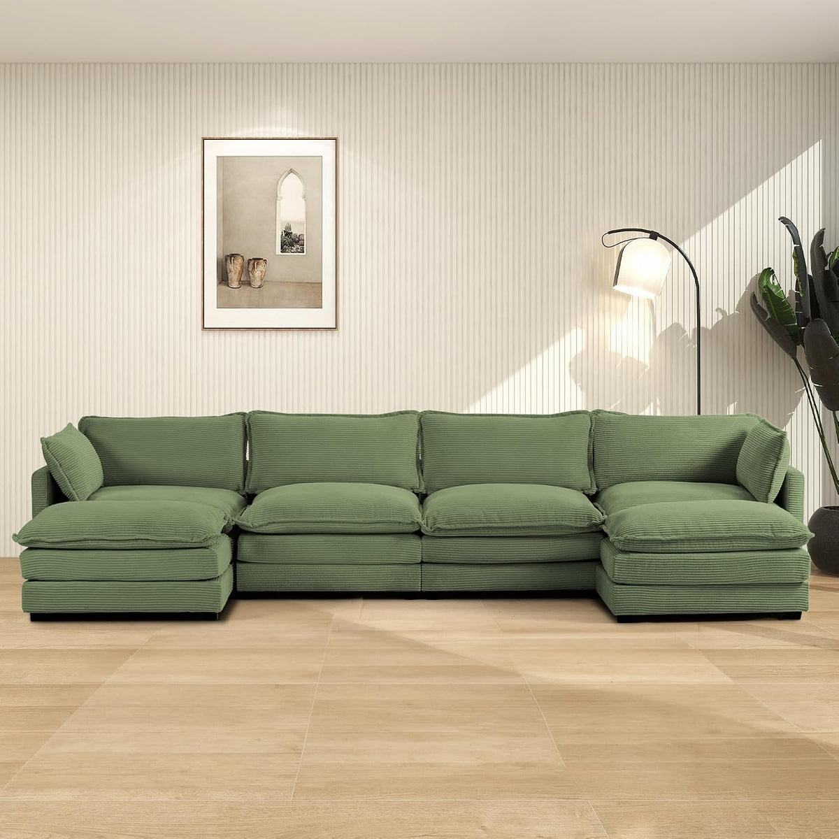 ROWHY 112'' Sectional Modular Cloud Couch, Oversized 5 Seat Couches U Shaped Sofa with 2 Movable Ottomans, 2 Throw Pillows, Upholstered Corduroy U Shape Comfy Deep Couches for Living Room, Beige