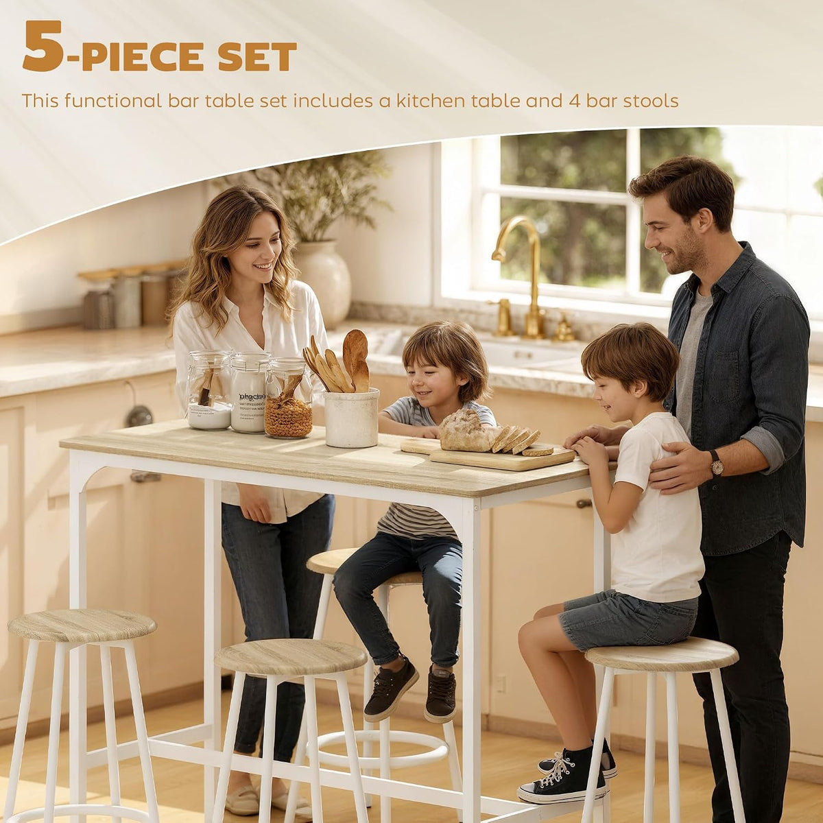 HOMCOM Breakfast 5 Piece Bar Table Set for 4 with Stools, Natural Wood