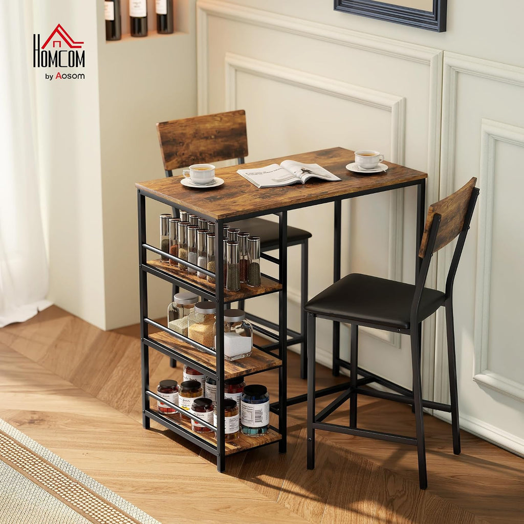 HOMCOM 3 Piece Breakfast Bar Table Set with Stools for 2 Rustic Brown