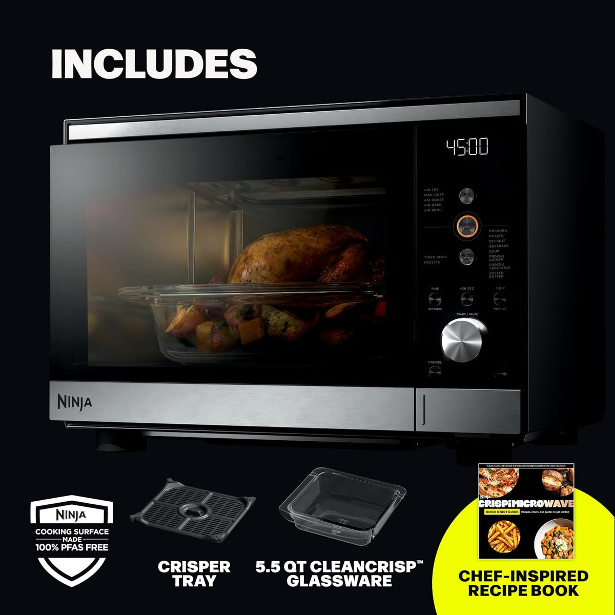 Ninja® Crispi™ Microwave & Air Fryer with FusionCrisp, Black, MW101BK1 | Replaces a countertop microwave and air fryer with 14 functions; Fast 1000W microwave and powerful 1700W Ninja® air fryer.