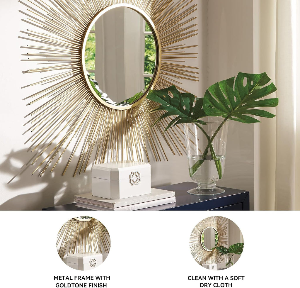 Signature Design by Ashley Accent Mirror, 42-in Gold Sunburst, Elspeth | Decorative sunburst metal wire frame, Goldtone finish, 18.25-inch inner glass, 21-pound weight, Keyhole bracket mount