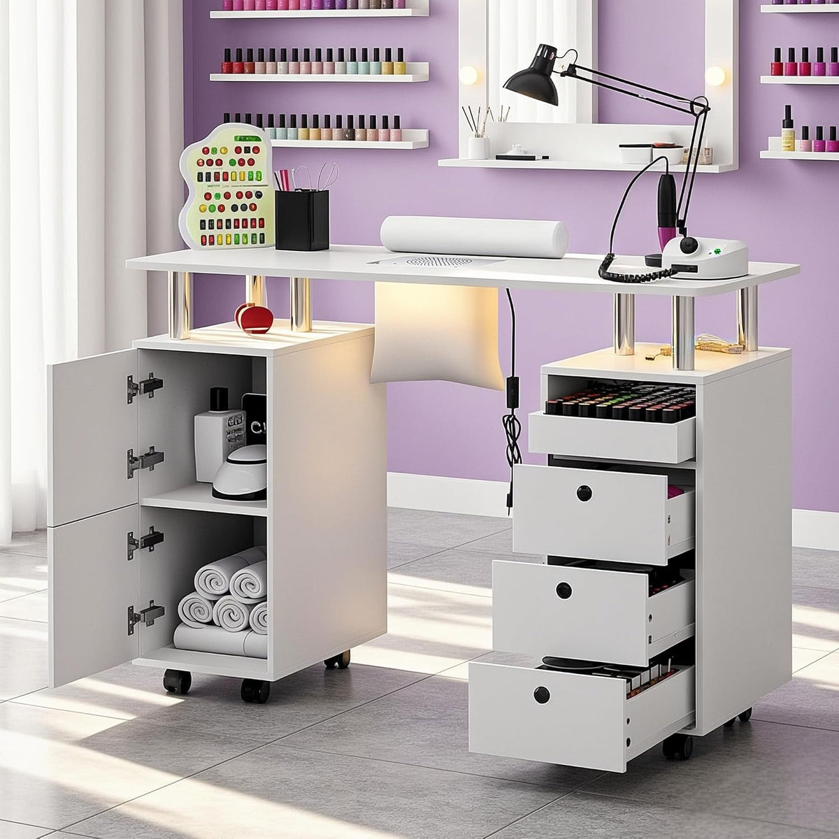 LED Manicure Table w/Built-in Dust Collector&4 Dust Bag,Rolling Nail Desk