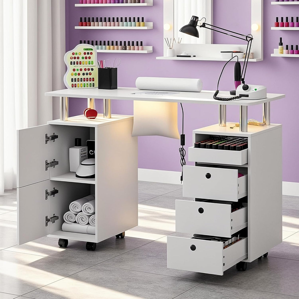 LED Manicure Table w/Built-in Dust Collector&4 Dust Bag,Rolling Nail Desk