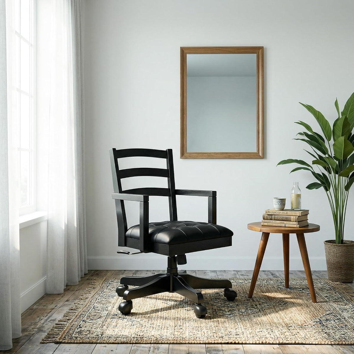 Signature Design by Ashley Wildenauer 1-Piece Swivel Desk Chair, Black | Wood swivel desk chair, Classic ladder back design, Foam cushioned seat, Durable black polyester fabric