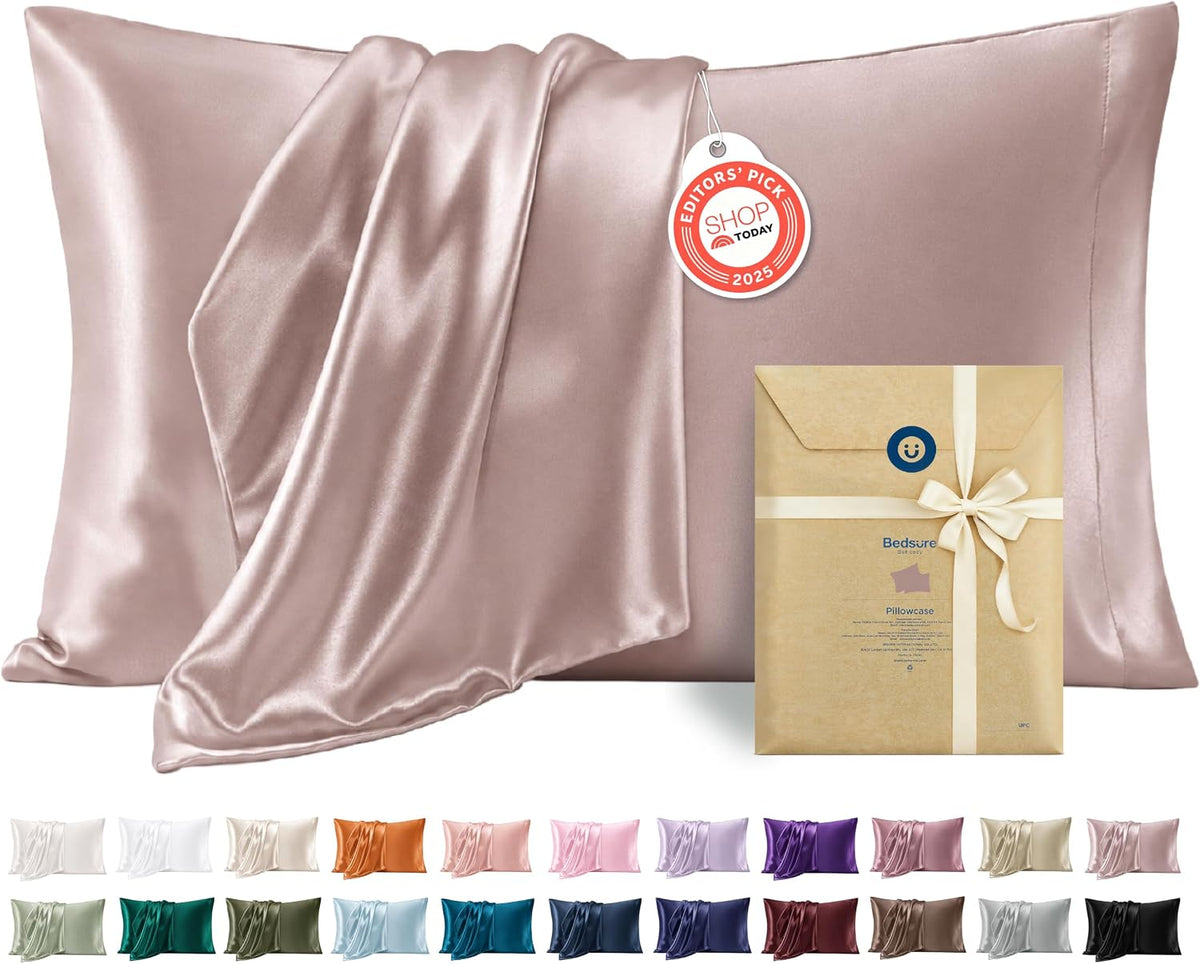 Bedsure Satin Pillowcase Standard Set of 2, Silky Pillow Cases, Beige