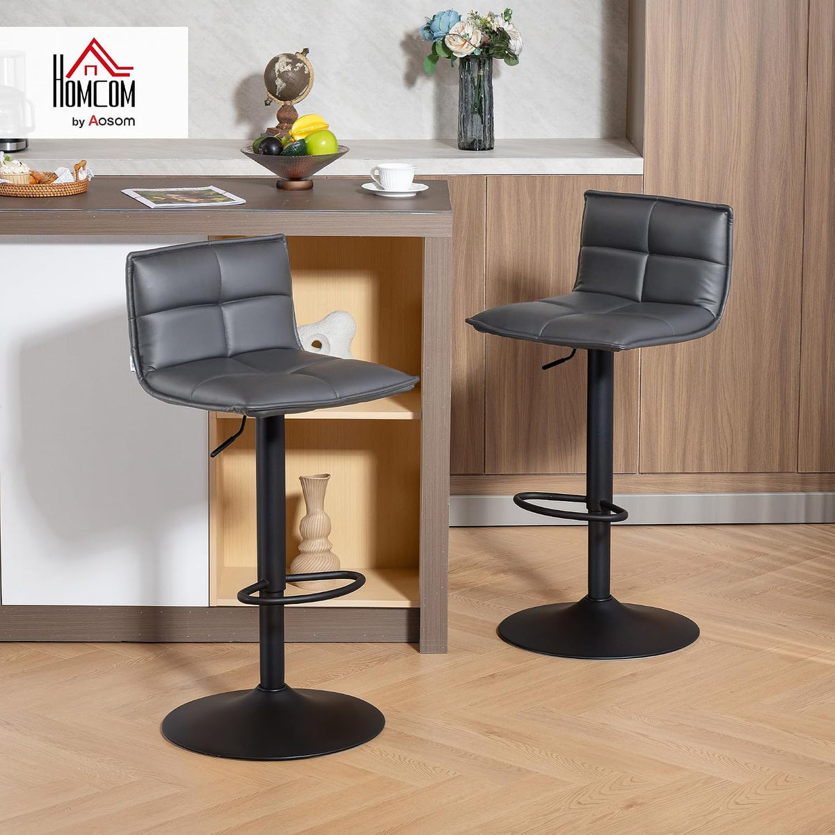 HOMCOM Bar Stools Set of 2 Modern Swivel Height Adjustable Chairs Dark Grey