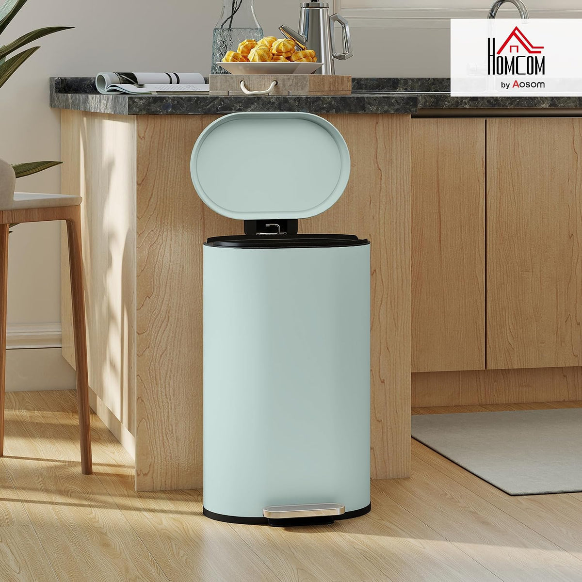 HOMCOM 30L Kitchen Bin 90° Stay-Open Lid Slim Rectangular Pedal Bin Green