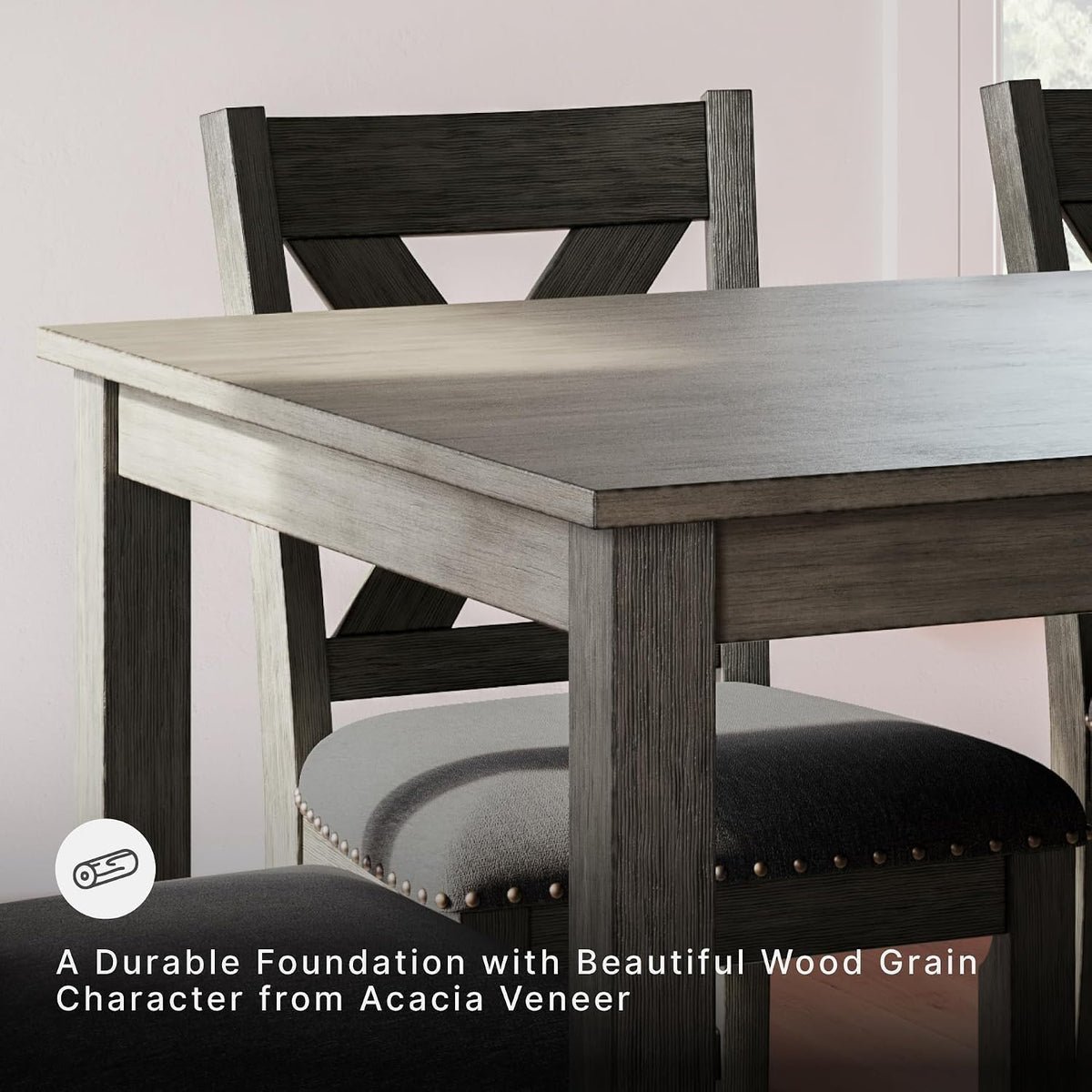 Signature Design by Ashley Caitbrook Counter Height Dining Table Set for 6 | Hardwood solids, Acacia veneer and MDF substrate table, 6 upholstered space-saving stools, Antiqued gray wash finish