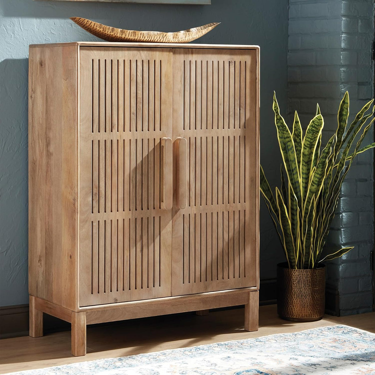 Signature Design by Ashley Solid Mango & Engineered Wood Bar Cabinet | Solid mango wood liquor cabinet, Built-in bottle and stemware racks, Minor assembly for lounges, Pellamour Series