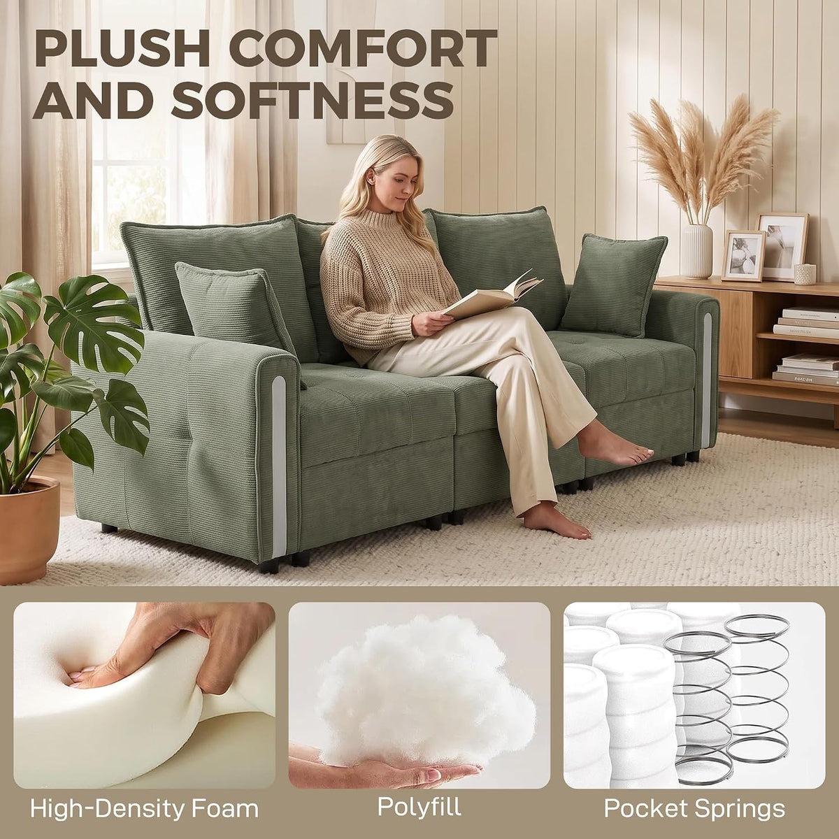 HOMCOM 3 Seater Sofa w/Lift-Up Storage 228cm Comfy Velvet Couch Dark Green