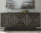 Signature Design by Ashley 72" Black Accent Cabinet Sideboard Buffet | Geometric casual credenza with adjustable shelves, Distressed black wood, veneer and engineered wood, Fair Ridge Series