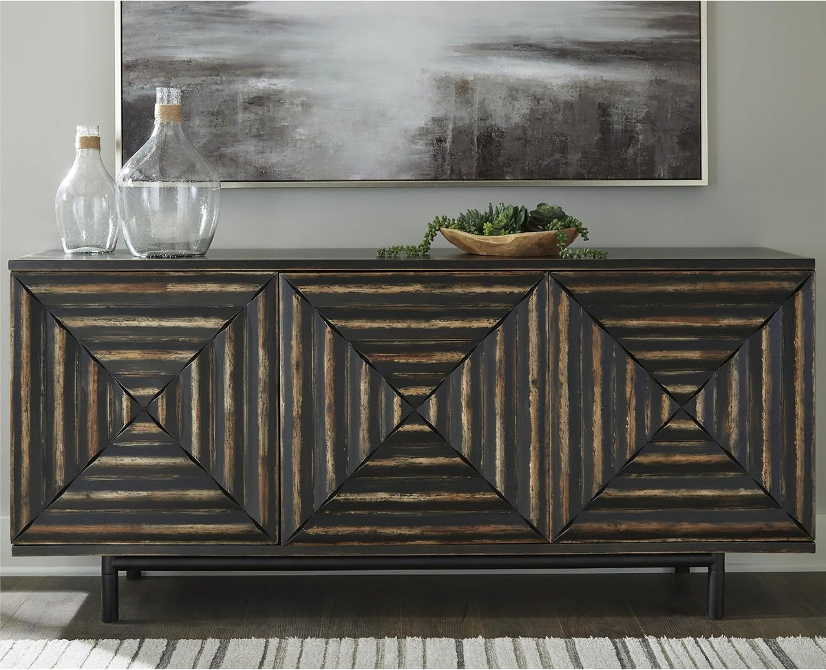 Signature Design by Ashley 72" Black Accent Cabinet Sideboard Buffet | Geometric casual credenza with adjustable shelves, Distressed black wood, veneer and engineered wood, Fair Ridge Series