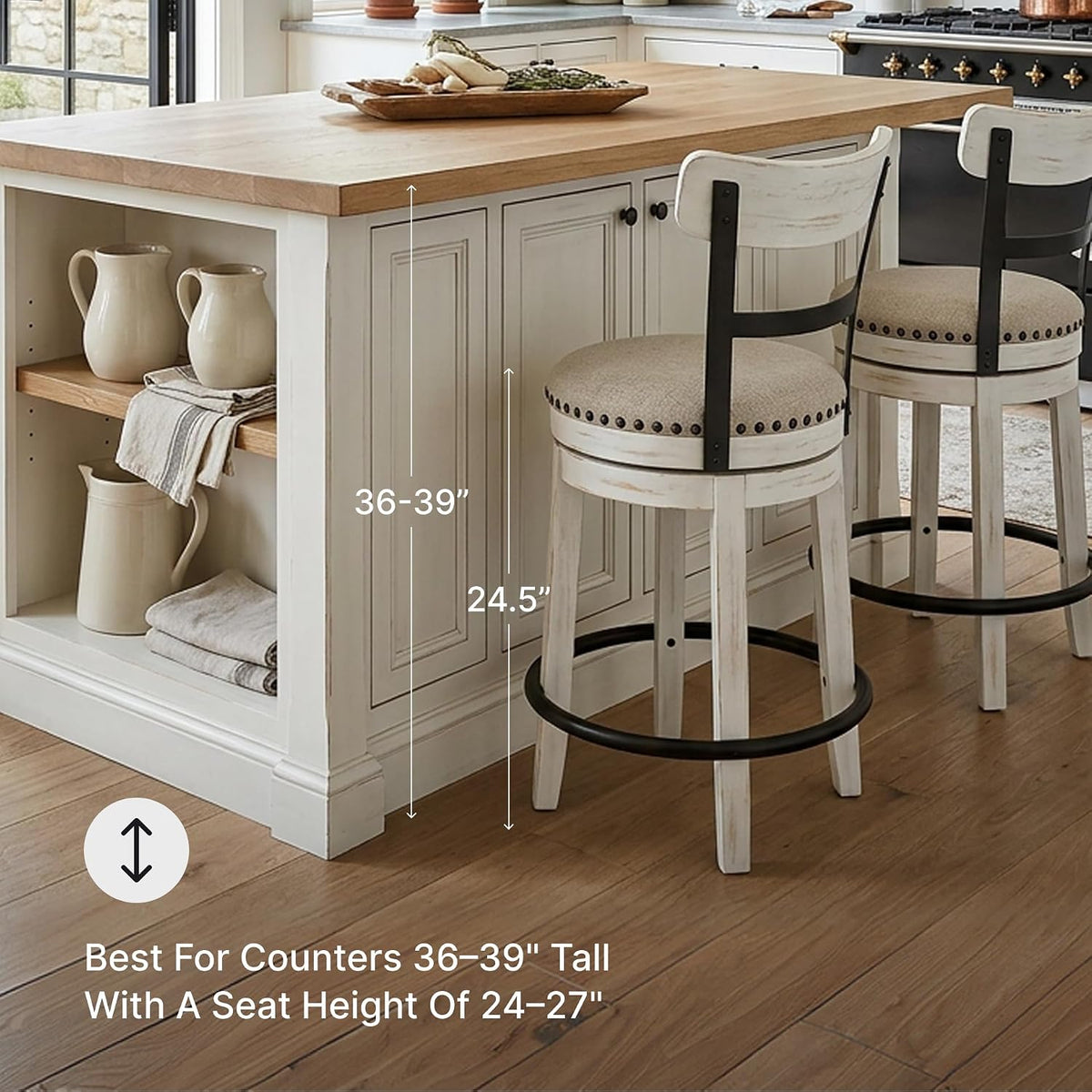 Signature Design by Ashley Valebeck Swivel Counter Height Bar Stool, White | Sturdy 24.5-inch seat with nailhead trim, Farmhouse rustic style featuring linen colored polyester, Smooth 360° rotation