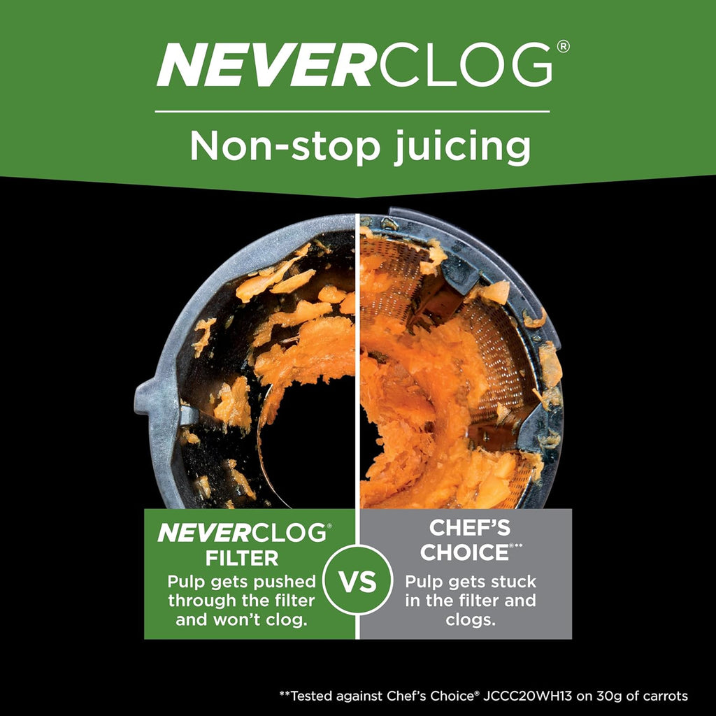Ninja NeverClog Cold Press Juicer, 24oz Jug, 36oz Pulp, Navy, JC151NV | 150W high-torque auger juices fibrous fruits & veggies. Total Pulp Control, 2 one-touch programs. Dishwasher safe.
