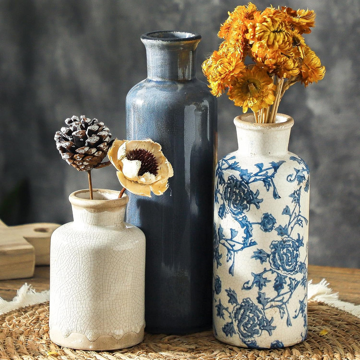 Ceramic Vases Set of 3, Whitewashed Neutral Flower Vases Home Decor, Pottery Rustic Farmhouse Decorative Vases Modern Decor for Table Mantel Entryway Bookshelf Living Room Kitchen Bedroom
