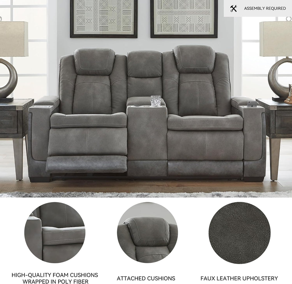 Signature Design by Ashley Power Reclining Loveseat with Console, Gray | Water-resistant faux leather, Zero-gravity recline, Easy View adjustable headrest, Wireless charging, Next-Gen Durapella