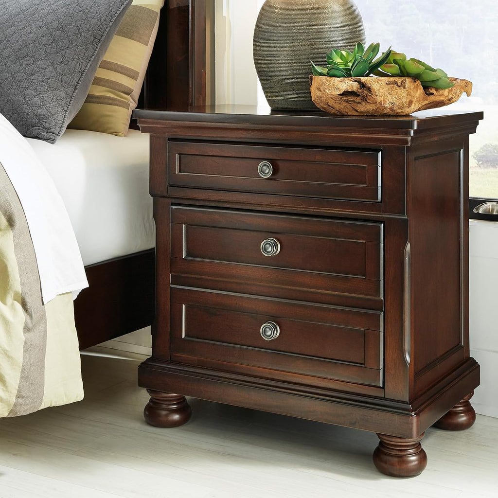 Signature Design by Ashley Porter Traditional Wood Nightstand, Brown | Veneers, wood and engineered wood, 2 smooth-operating drawers, Hidden pull-out tray, Felt bottom, Bun feet
