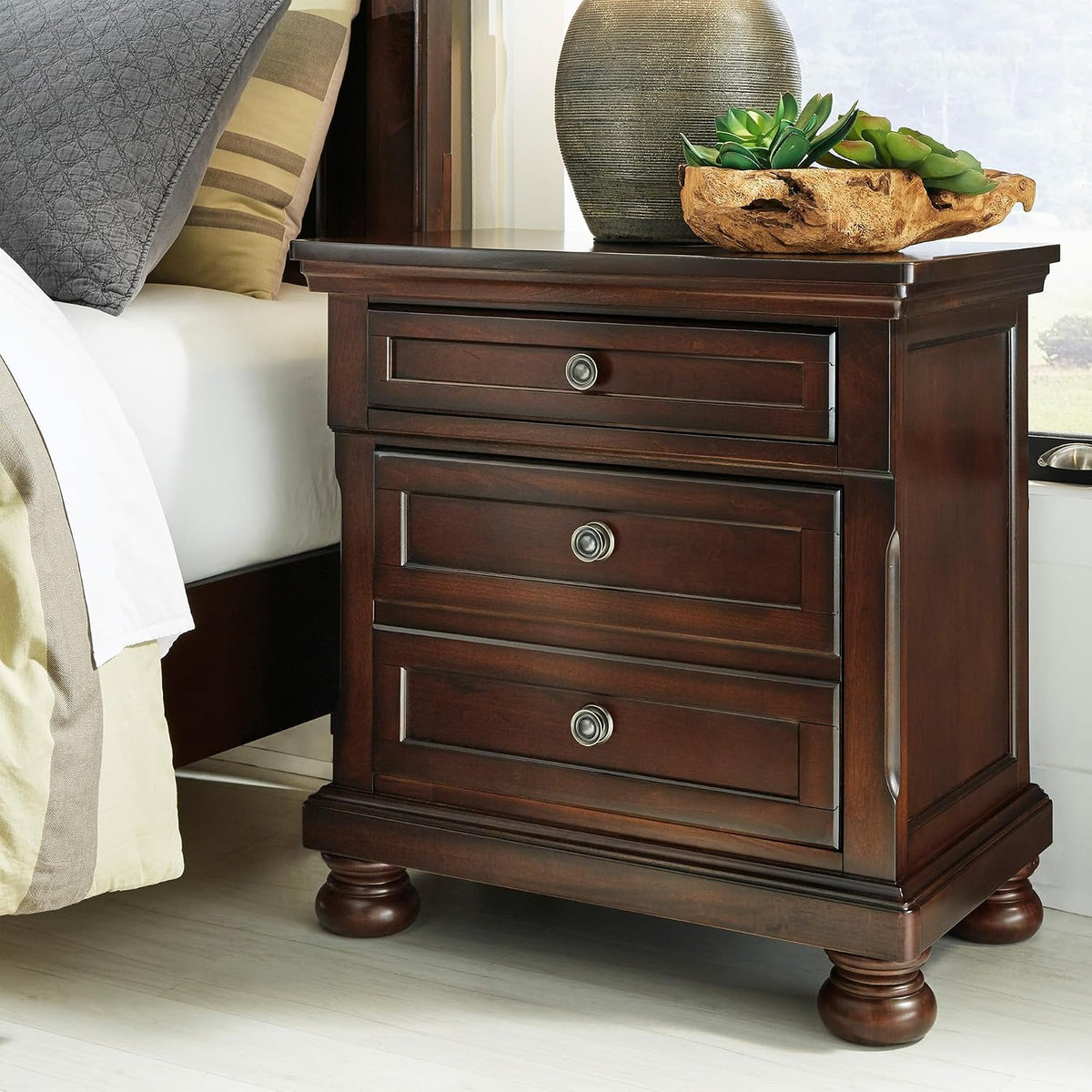 Signature Design by Ashley Porter Traditional Wood Nightstand, Brown | Veneers, wood and engineered wood, 2 smooth-operating drawers, Hidden pull-out tray, Felt bottom, Bun feet